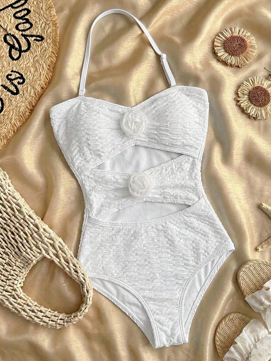 SHEIN 少女连体泳衣,带金属海星装饰挂脖 - 白色 - 查看 1