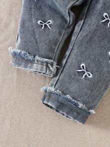 SHEIN 2pcs/Set Baby Girl Spring&Summer Casual Style,Pure Cotton Top &Heart-Shape Embroidery Long Pants Denim Set - Red - View 5