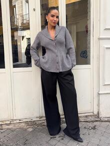 Marta Soriano 2025 New Arrive Minimalism Winter Women's Grey Solid Color Long Sleeve Single-Breasted Ruffle Hem Knitted Cardigan, Autumn/Winter Grey Cardigan Button Up Cardigan New Year Look And Christmas Stylish,Fall - Grey - View 1