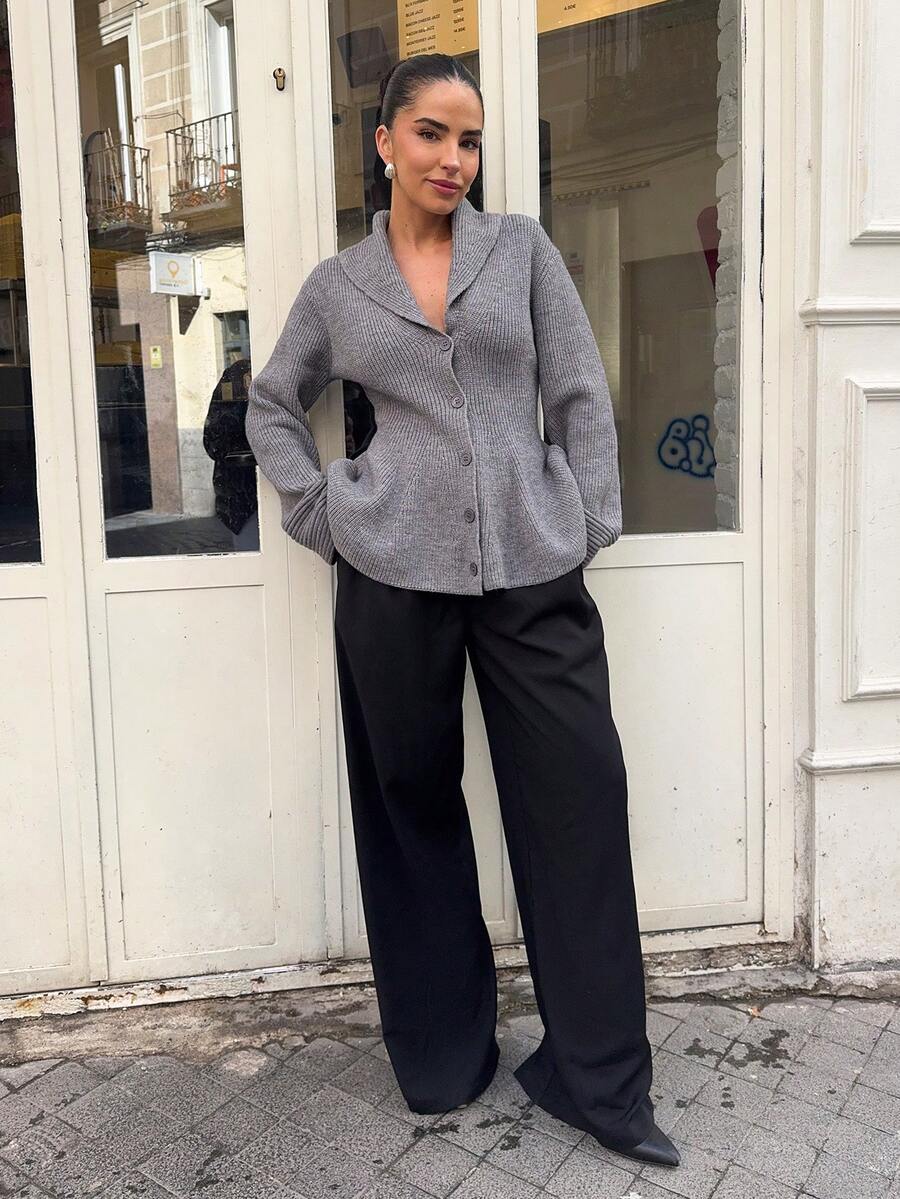 Marta Soriano 2025 New Arrive Minimalism Winter Women's Grey Solid Color Long Sleeve Single-Breasted Ruffle Hem Knitted Cardigan, Autumn/Winter Grey Cardigan Button Up Cardigan New Year Look And Christmas Stylish,Fall - Grey - View 1