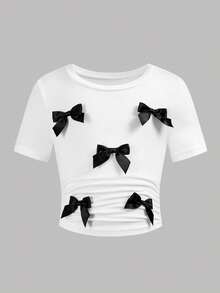 两件套女童黑白撞色蝴蝶结针织T恤和荷叶边半裙休闲套装，时尚日常穿着，适合外出、露营、拍照等场合 - 黑與白 - 查看 6