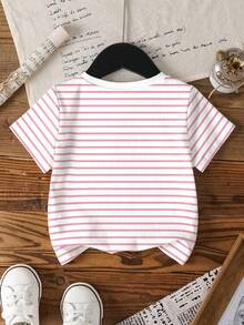 SHEIN X Care Bears 女童圆领条纹小熊印花休闲百搭日常短袖T恤 - 白色 - 查看 2