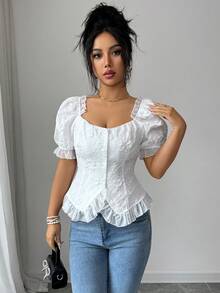 SHEIN Elenzya Women's Elegant Commuter Jacquard Contrast Mesh Blouse, Summer - White - View 7