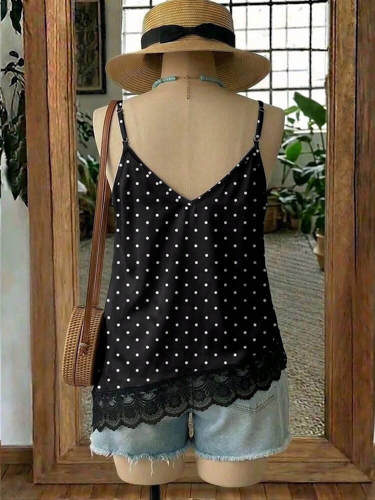 SHEIN VCAY Áo hai dây cỡ lớn kiểu dáng nghỉ dưỡng, cổ chữ V, vạt lệch, phối ren, chấm bi đen trắng, thích hợp cho kỳ nghỉ, hẹn hò, tiệc tùng và các dịp khác, thời trang và đa năng. - màu đen - Xem 2