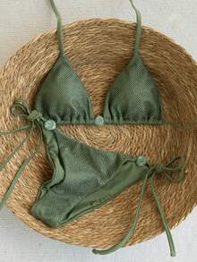 Swim Vcay 2026 Frühling/Sommer 2-teiliges Set Damen einfarbig sexy zufälliger Leoparden-Muster Spaghetti-Träger rückenfreier seitlich gebundener Bikini-Set Grüner Bikini Neckholder Bikini seitlich gebundener Bikini 2-teiliges Bikini-Set Mesh-Bikini Urlaub Kreuzfahrt Reise Grüner Strandoutfit für Damen Bikini-Set für Damen Bademode - Grün - Übersicht 4