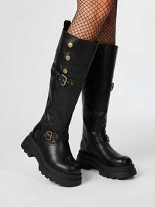 ROMWE Goth 西部风格搭扣假日复古英伦厚跟高筒女靴，2025秋冬新款，修身骑马靴，派对靴 - 黑色 - 查看 5