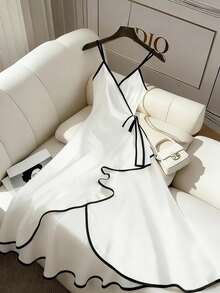 EMERY ROSE Women's Elegant Contrast Color Trim Tie-Wrap Camisole Dress, Summer - White - View 1
