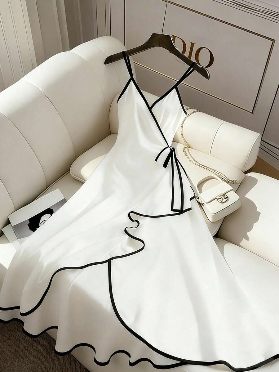 EMERY ROSE Women's Elegant Contrast Color Trim Tie-Wrap Camisole Dress, Summer - White - View 1
