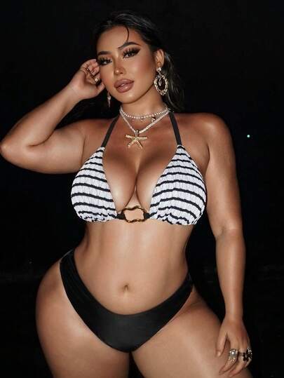 Swim SXY 2026 New Plus Size Women's Summer Fashion Bikini Swimsuit Top, Halter Neck Tie Strap Triangle Black & White Striped Special Fabric Casual Sexy Versatile Swimwear Top