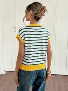 Siren Gaze Blusa de punto casual con mangas de murciélago y patrón de rayas de color block para uso diario - Multicolor - Ver 2
