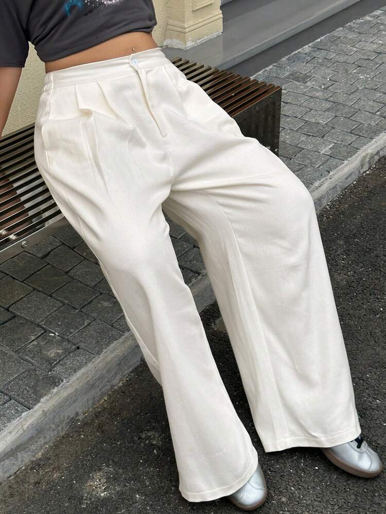 Dazy Plus Plus Size Women Solid Color Casual Loose Fit Long Pants, Versatile For Commuting, All Season, Spring/Summer, White