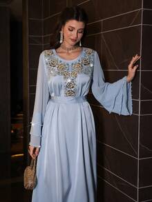 Al Najma Đầm voan tay xòe cổ tròn, thanh lịch, sang trọng, đính cườm và đá quý, chất liệu chiffon, thích hợp cho mùa xuân/hè. - Màu xanh nhạt - Xem 5