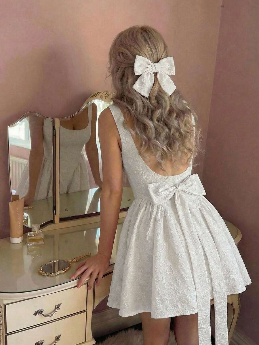 SHEIN MOD 女士白色优雅生日派对复古蕾丝露背蝴蝶结迷你连衣裙,夏季海滩度假Y2K风格穿搭,乡村音乐会野餐茶会连衣裙 - 白色 - 查看 1