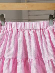 Genkimix Kids Conjunto de 2 piezas de blusa sin mangas a rayas y falda de línea A elegante para niñas preadolescentes, adecuado para uso diario, casual y de viaje, verano - Rosa - Ver 6