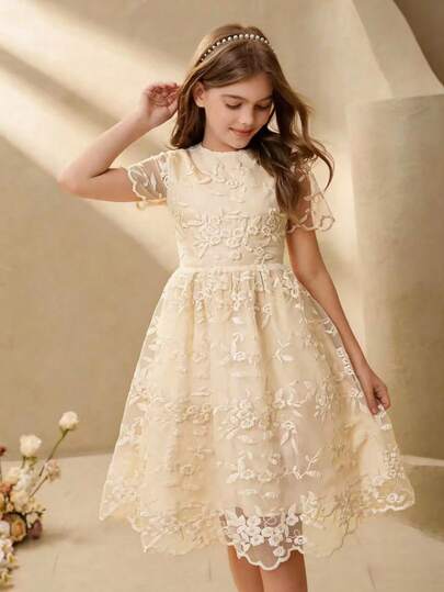 Girls' White Mesh Floral Embroidered Dress, Spring/Summer, Flower Girl Dress For Wedding, Birthday Party, Polyester Non-Stretch Lightweight Mid-Length Short Sleeve Dress