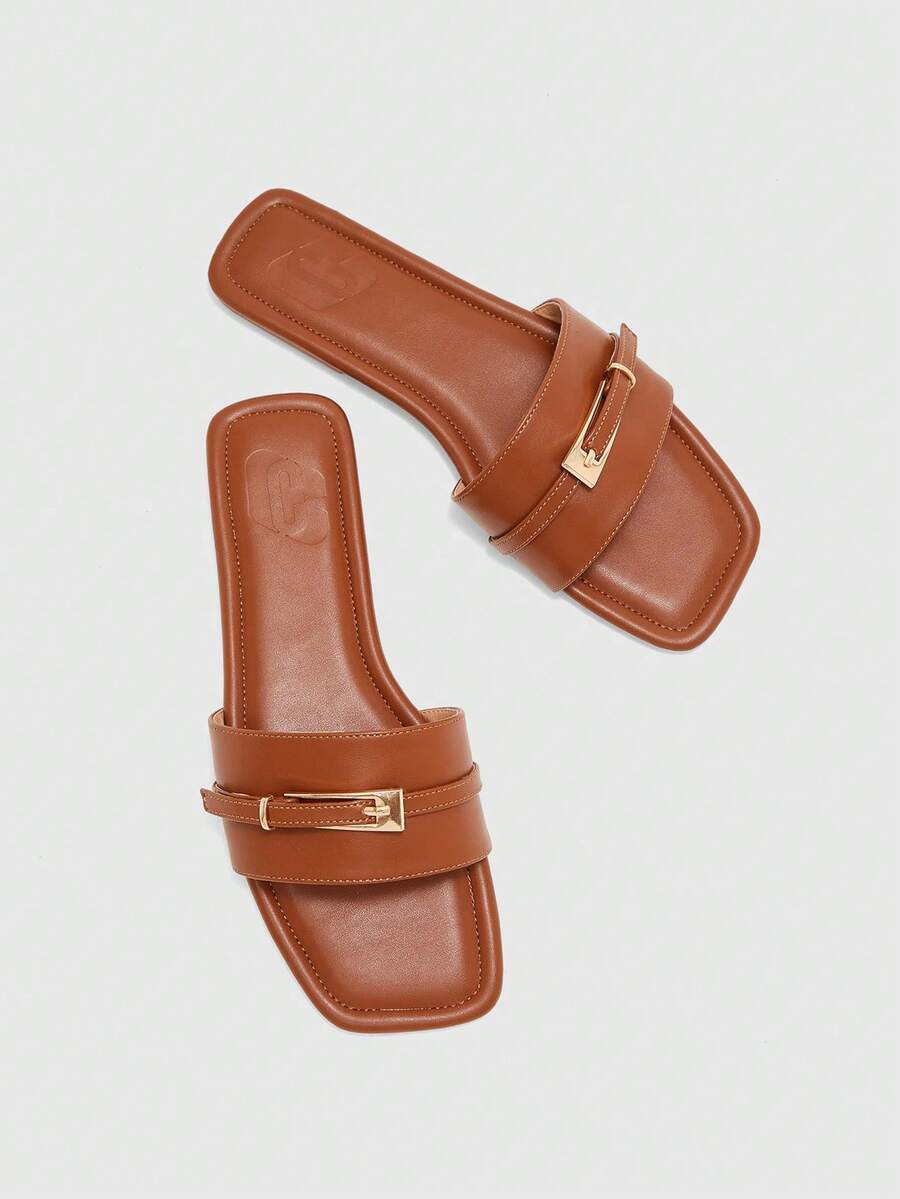 CUCCOO BIZCHIC Chaussures femme Sandales plates classiques minimalistes mode femme Vacances Décontracté Élégant Confortable Sandales plates - Tabac - Voir 1