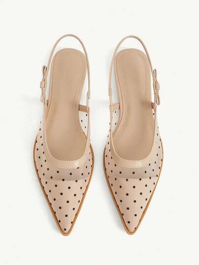 CUCCOO CHICEST Giày nữ kiểu Pháp mũi nhọn, gợi cảm, phối lưới, chấm bi, quai sau, đế bằng.