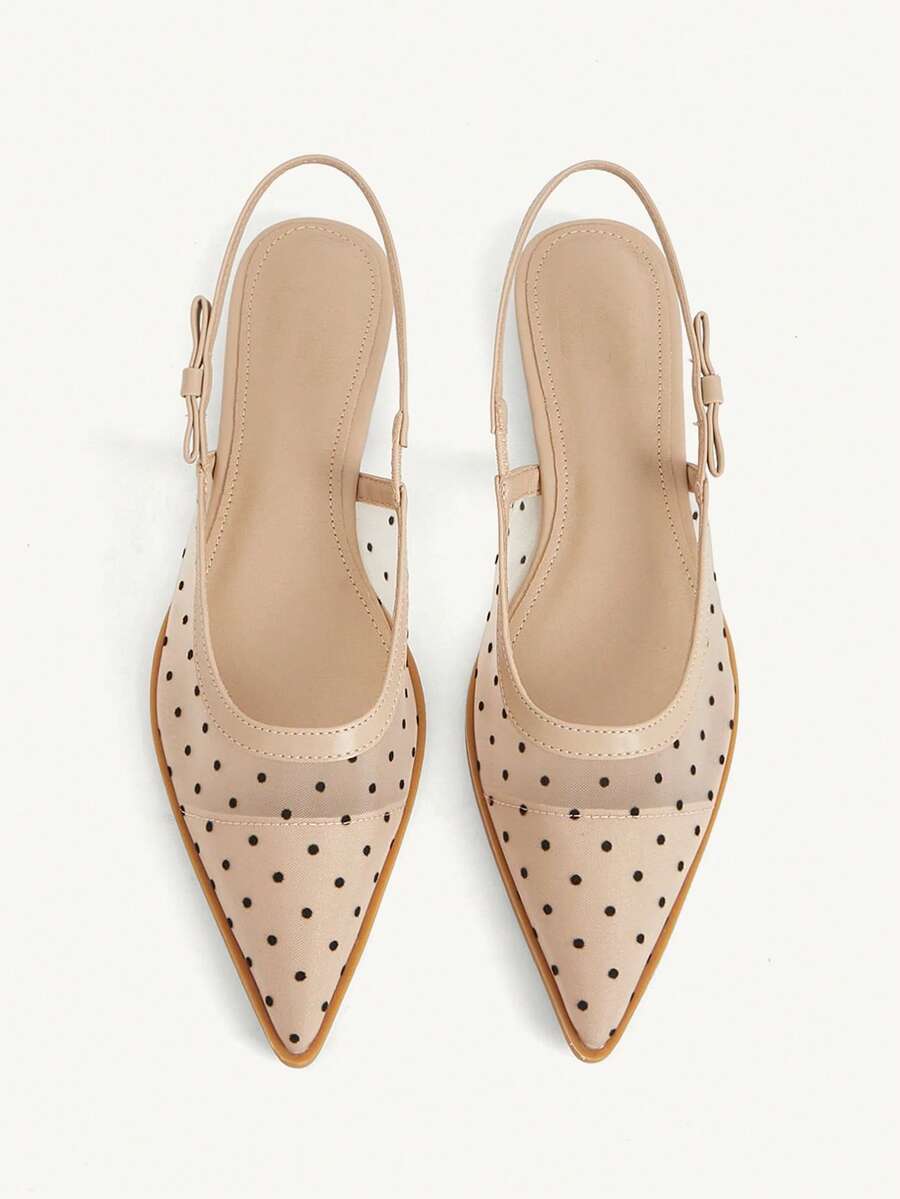 CUCCOO CHICEST 新款法式尖头性感网眼拼接波点后跟带平底女鞋 - 杏色 - 查看 1