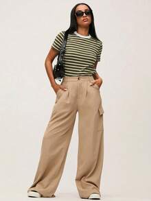 SHEIN BASICS 女款條紋印花圓領短袖休閒百搭T恤 夏季 - 軍綠色 - 查看 6