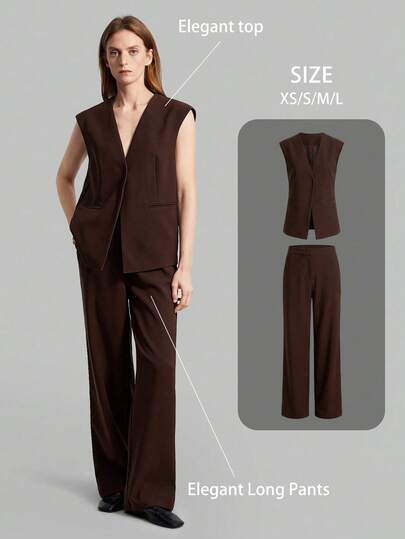SHEIN X Scot Louie Ontre Conjunto de traje sólido marrón para mujer Primavera/Verano 2026, que incluye chaleco, blazer y pantalones de pierna ancha. Conjunto de traje clásico urbano elegante para mujer, adecuado para la oficina, la escuela, invitados de boda, vacaciones, uso versátil de moda