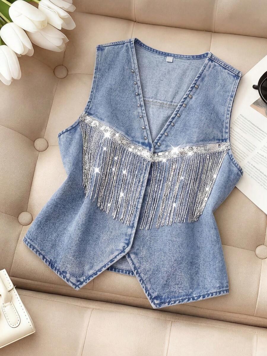 SHEIN MOD Women's Sequin Fringe Design Fashion Denim Vest - Light Wash - View 1