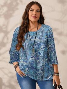 Mellowie Blusa holgada de cuello redondo de manga 3/4 con estampado integral para mujer de talla grande para otoño e invierno - Azul - Ver 6