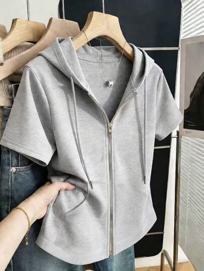 Franclia 女士纯色短袖拉链抽绳卫衣