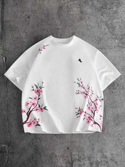 AXEPEAK Men's Floral Print Round Neck Casual Short Sleeve T-Shirt, Summer