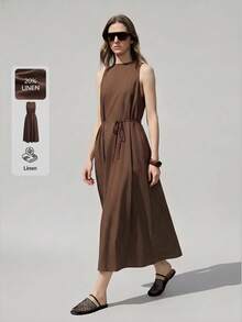 Ontre 女士深咖啡棕色舒适亲肤高品质亚麻竹纤维面料圆领无袖露背褶裥A字连衣裙，带口袋，低调复古风，优雅度假休闲风，时尚都市通勤风，高品质机场时尚，四季皆宜的荷叶边棕色连衣裙，度假装扮，女士沙滩装，四季皆宜的明星同款超大喇叭裙摆飘逸浪漫舒适的棕色连衣裙，无袖长款连衣裙，度假装，女士夏季连衣裙 - 咖啡棕 - 查看 2