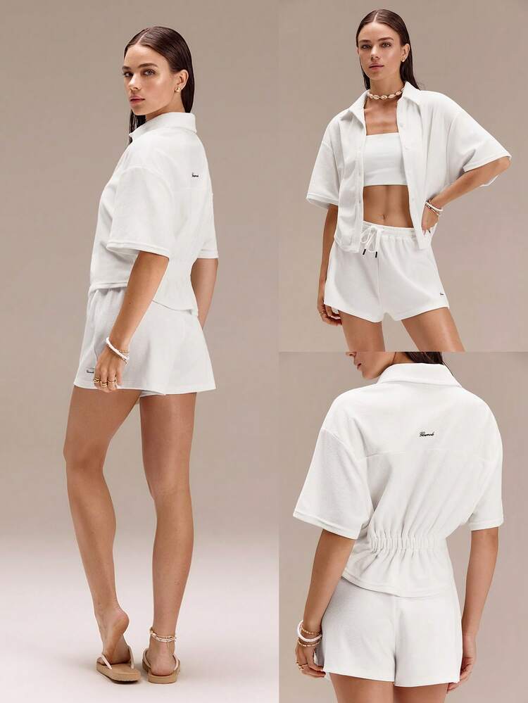 Terry Cloth Out Of Office Back Elastic Waistband Batwing Sleeves Split Hem Button-Up Shirt Vacation Holiday Summer Travel Beach Daily Casual Wear