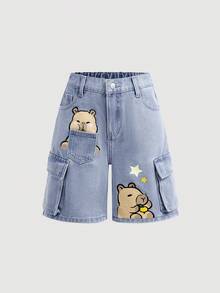 Girlism Tween Girl Fashion Homecoming Streetwear Casual Versatile Design Y2k Vintage Cool Street Cute Cartoon Otter Pattern Blue Loose Workwear School Denim Shorts Dailywear Summer To Rave Festival And Streetwear - Blue - View 5