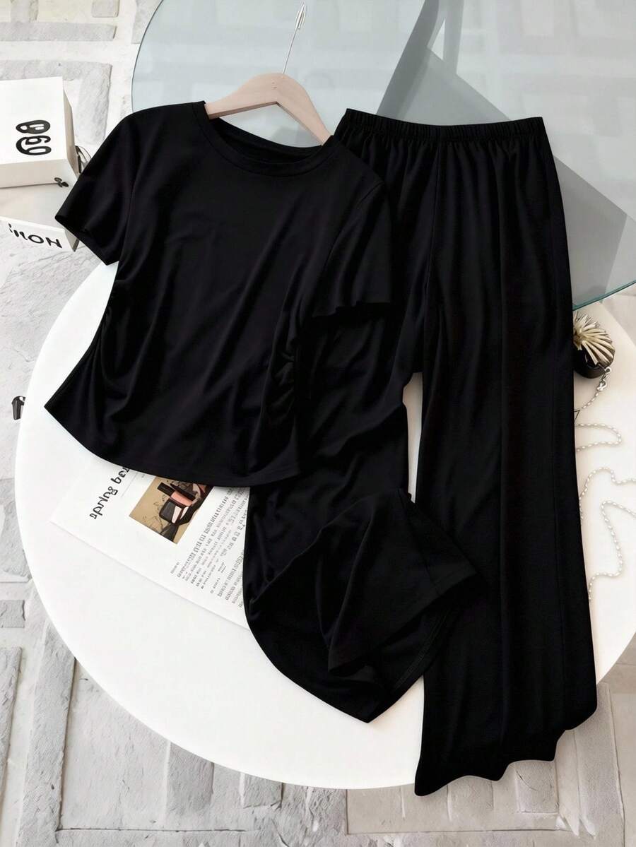 One Piece,Short Sleeve,Casual,Offset Print,Spring And Summer,Teen Girls' Summer Commuting Set, Sporty And Casual Straight-Leg Pants, Short-Sleeved Lightweight And Comfortable Two Pieces Set. - Black - View 1