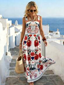 SHEIN Holidaya Đầm nữ mới cổ vuông, dây bản rộng, hở lưng, thắt nơ ở eo, xếp lớp, dáng xòe. - Nhiều màu - Xem 5