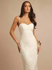 Silquee Cream White,Summer,Elegant,Wedding Guest Embroidered Wave-Patterned Bra-Detail Slim-Fit Mermaid Dress,Formal Party Graduation Luxurious Evening Gown - Apricot - View 5