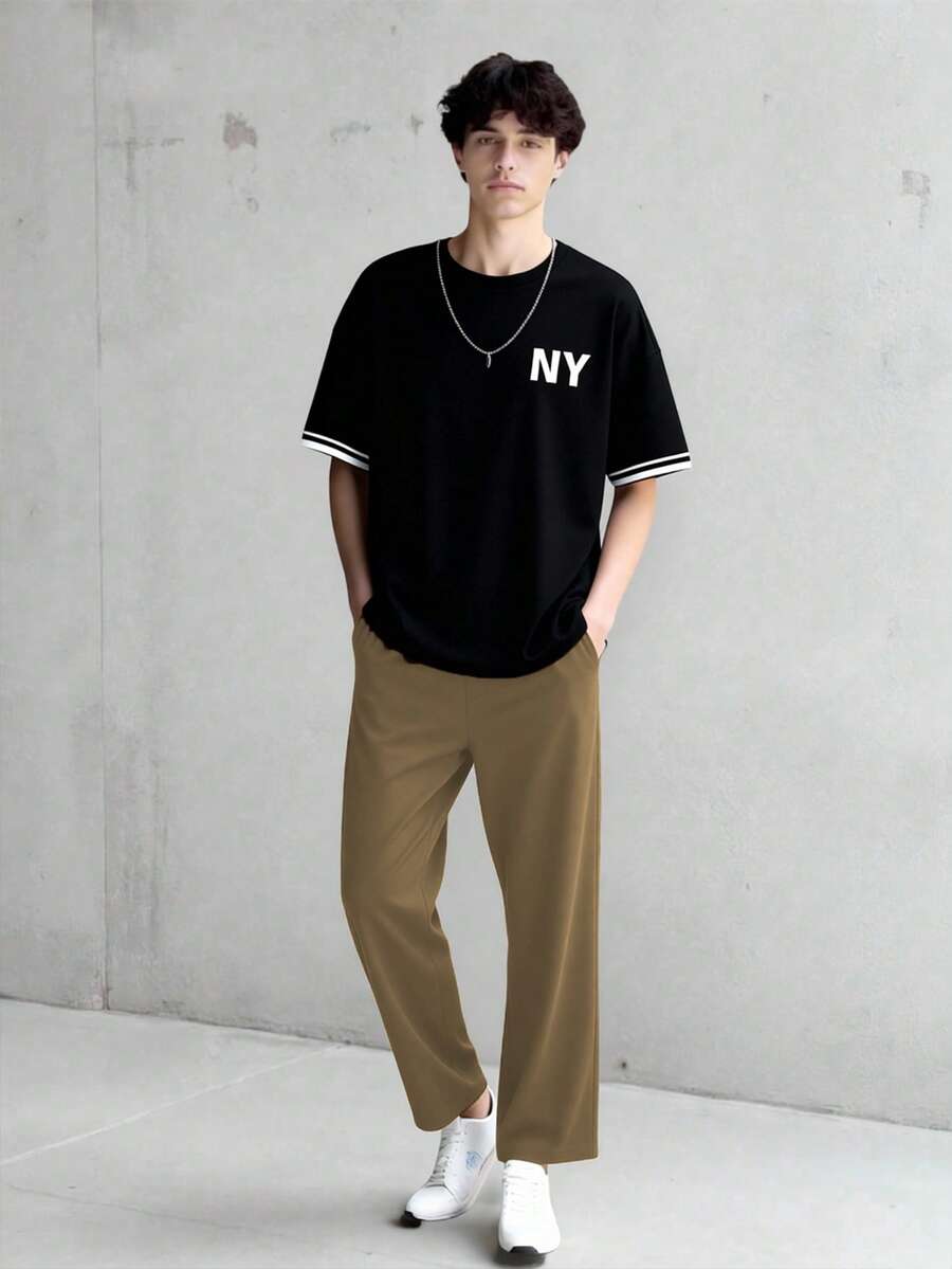 Vacaura 2pcs Teenage Boys Gray Short Sleeve T-Shirt And Pants Casual Matching Set, Suitable For Spring, Summer And Autumn - Black - View 1