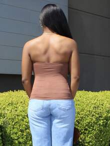 Steph T 女士棕色街头风 Y2K 短款上衣，朋克摇滚明星图案修身背心，秋冬款 - 棕色 - 查看 2