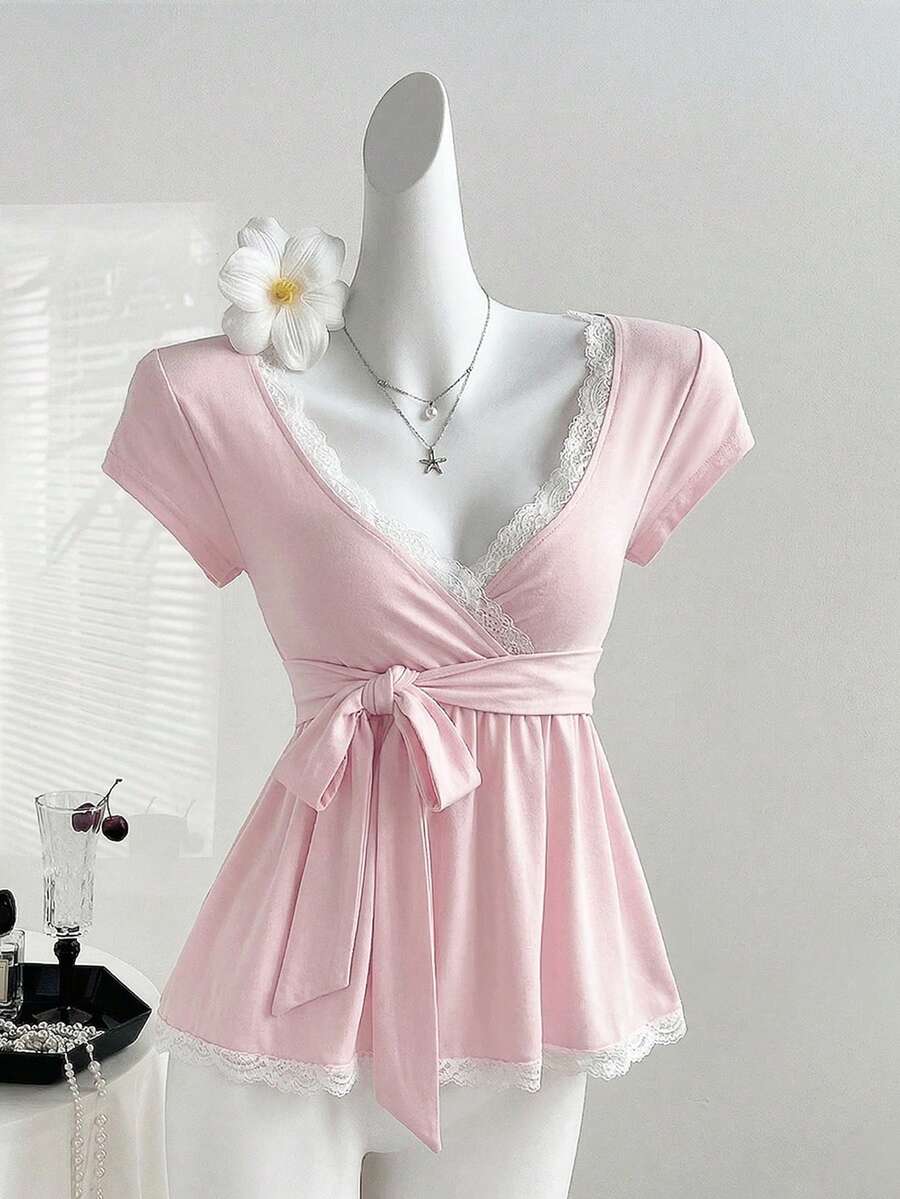 Sweetra Áo thun dáng ôm, viền ren, phong cách Y2K, thích hợp cho kỳ nghỉ. - Hồng - Xem 1