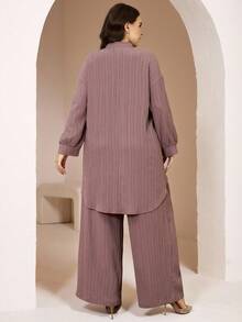 Veilorie Plus Size Elegant Commuter Solid Color Shirt & Pants 2 Pieces Set - Dusty Pink - View 2