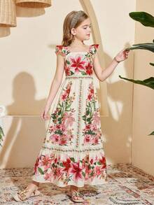 SHEIN Tween Girl Floral Print Cap Sleeve Elegant Vacation Dress - Multicolor - View 3