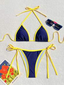 Bonvoyette Vacation Beach Contrast Color Trim Bikini Set Yacht Outfit Women Women Swim Suit Set - Navy Blue - View 2