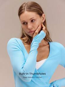 GLOWMODE Áo FeatherFit™ Split Decision 2 trong 1 hai mặt, mềm mại như bơ, co giãn, thấm hút mồ hôi, thắt eo, tay dài, thích hợp cho yoga, pilates, tập luyện, mặc hàng ngày hoặc ngày Valentine. - Màu xanh lam - Xem 6