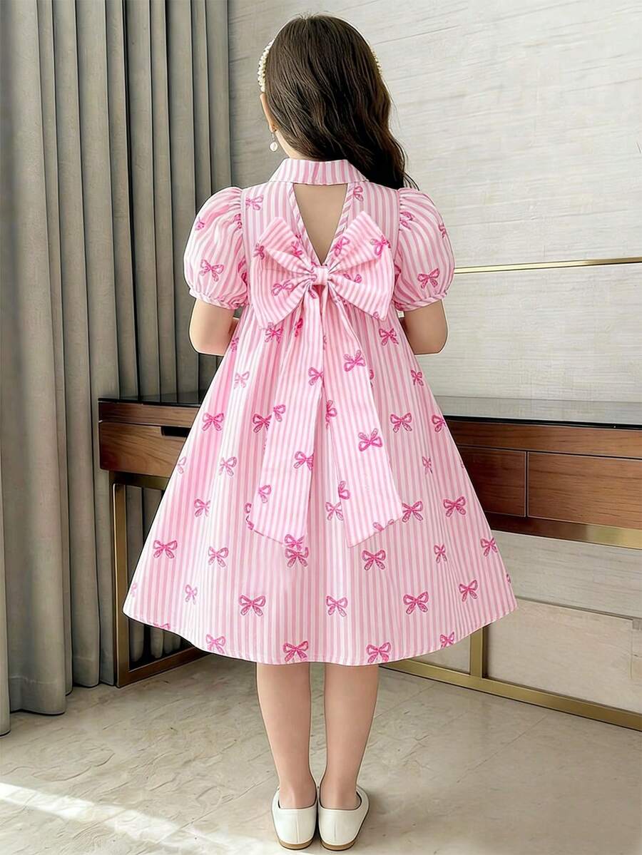 SHEIN Elladie kids 女童粉色条纹领泡泡袖连衣裙,后背蝴蝶结装饰,可爱蝴蝶结印花公主裙,适合夏季假期旅行 - 粉色 - 查看 1