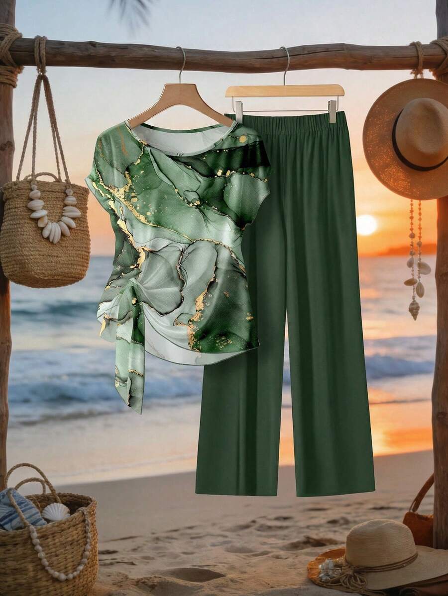 Mellowie 休闲简约风绿色仿箔抽象花卉图案女式衬衫，配蝴蝶结领带和黑色宽松直筒裤两件套，适合秋冬季节，复古风格 - 彩色 - 查看 1