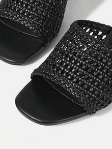 Mnmlis Women's Woven Hollow Square Toe High-Heeled Sandals Slip-On Mid-Heeled Shoes Summer Shoes - Black - View 3