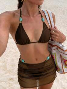 Swim Vcay 时尚性感比基尼套装，网纱纱笼裙，露背，系带，串珠，侧系三角泳裤，休闲，度假，海滩，温泉，网红热销单品，新款女士泳装，女士沙滩装，女士比基尼套装，女士度假两件套泳衣，夏季泳装 - 棕色 - 查看 5