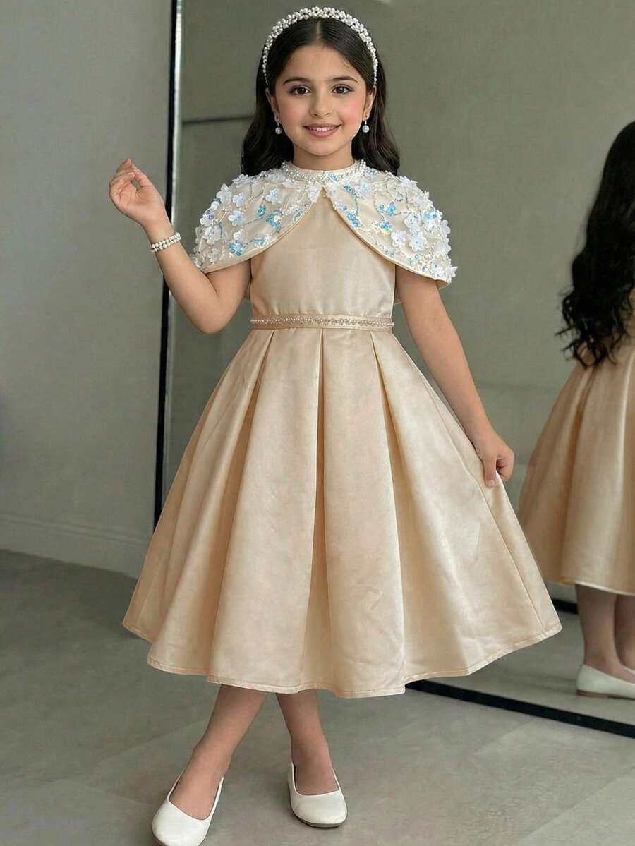 Đầm chữ A dài ngang gối thanh lịch dành cho bé gái tuổi teen, đính ngọc trai, thêu hoa văn ghép mảnh, cổ đứng, thích hợp cho mùa xuân/hè, kiểu dáng công chúa lộng lẫy, trang phục dự tiệc trang trọng. - Màu be - Xem 1