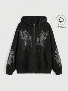 ROMWE Grunge Punk Áo sweatshirt nữ màu đen có khóa kéo, túi, họa tiết gai nhọn phong cách Punk Street Chic Vintage Y2K Y3K, họa tiết nhuộm tie-dye tương lai, hình chữ thập, dành cho nữ. - màu đen - Xem 1
