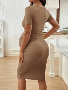 SHEIN Đầm bầu tay ngắn cổ tròn màu trơn ôm sát - màu nâu - Xem 2