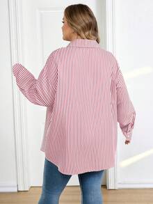 SHEIN CURVE+ 大码女式格子印花落肩口袋贴花衬衫 - 玫紅色 - 查看 2