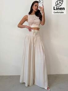 Firerie 女士优雅宽松阔腿裤，高腰白色长裤，休闲度假、海滩、日常通勤、教师装扮阔腿裤女高腰沙滩罩衫裤女士夏季长裤 - 白色 - 查看 7